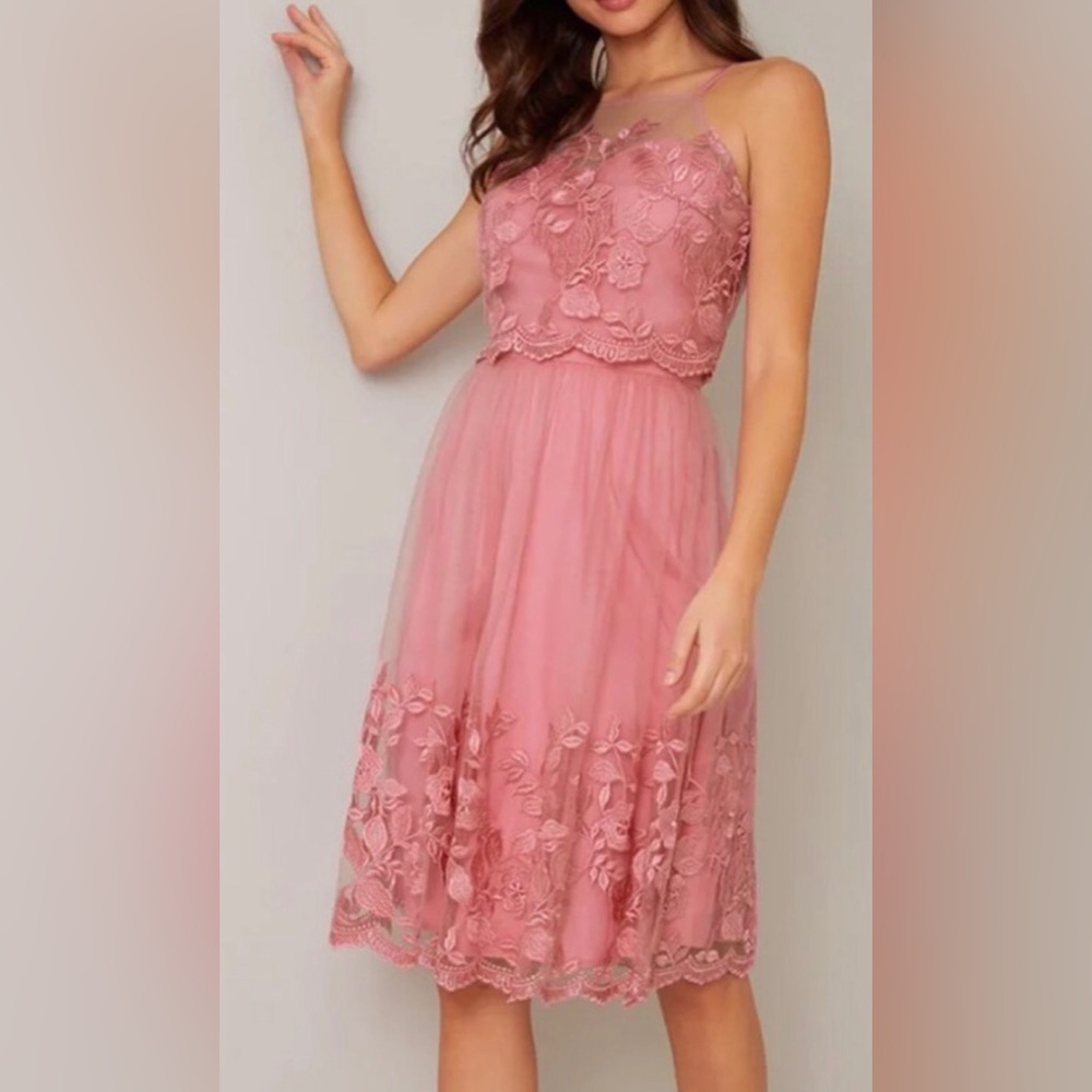 CHI CHI LONDON Pink Cami Strap Embroidered Overlay Midi Dress 10